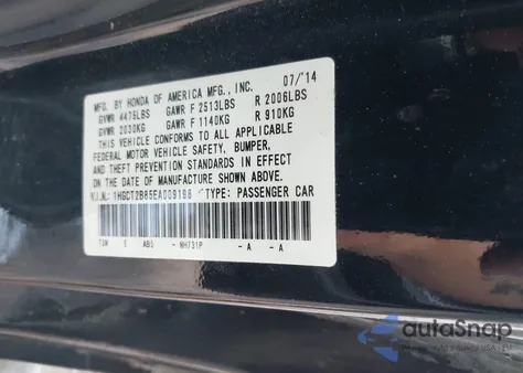 2014 Honda Accord Ex-L V-6 из США, поврежденный, VIN 1HGCT2B85EA009198